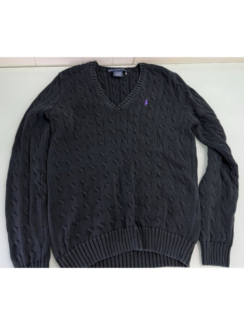 Vintage Polo Ralph Lauren Cable Knit Sweater Womens Large L V Neck Navy Blue Y2K